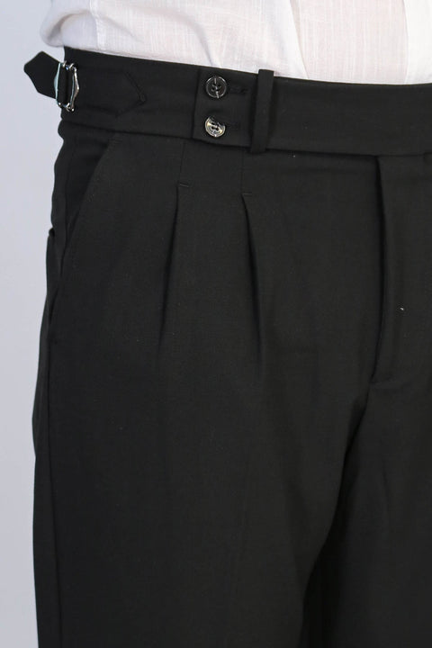 Black Double-Pleated High-Waisted Slim Fit Trousers with Side Buckles – Wessi