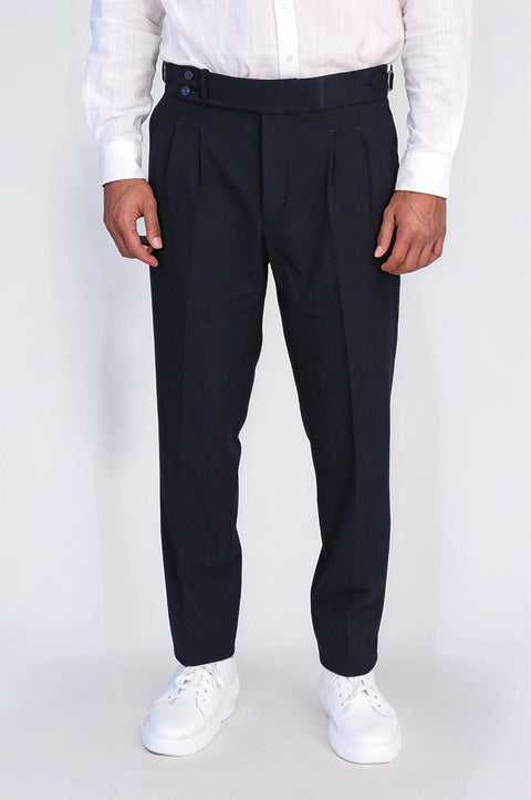 Navy Double-Pleated High-Waisted Slim Fit Trousers with Side Buckles – Wessi