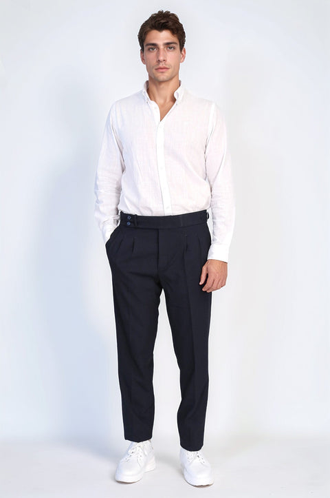 Navy Double-Pleated High-Waisted Slim Fit Trousers with Side Buckles – Wessi