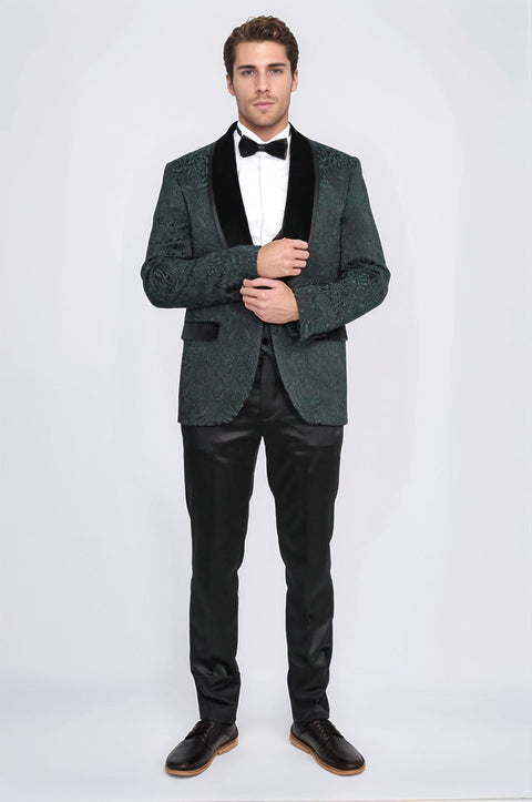 Baroque Patterned Velvet Shawl Collar Vested Green Tuxedo - Wessi