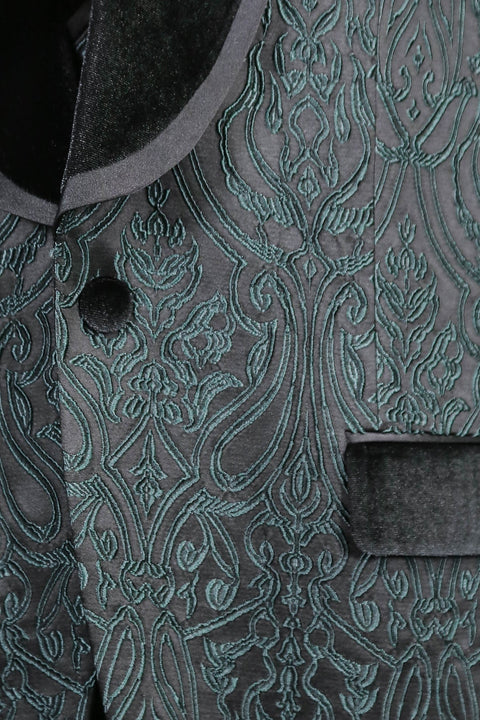 Baroque Patterned Velvet Shawl Collar Vested Green Tuxedo - Wessi