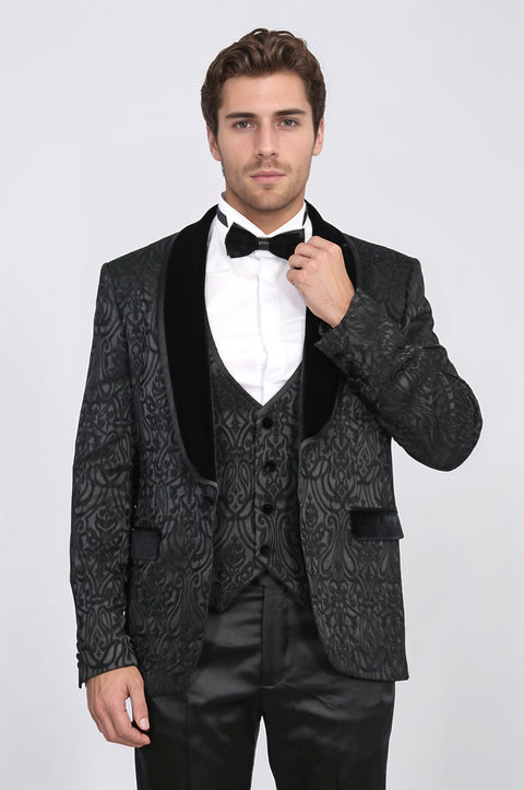 Baroque Patterned Velvet Shawl Collar Vest With Black Tuxedo- Wessi