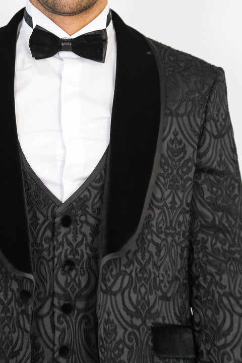 Baroque Patterned Velvet Shawl Collar Vest With Black Tuxedo- Wessi