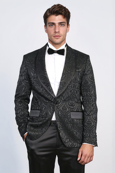 Damask Patterned Shawl Collar Black Tuxedo - Wessi