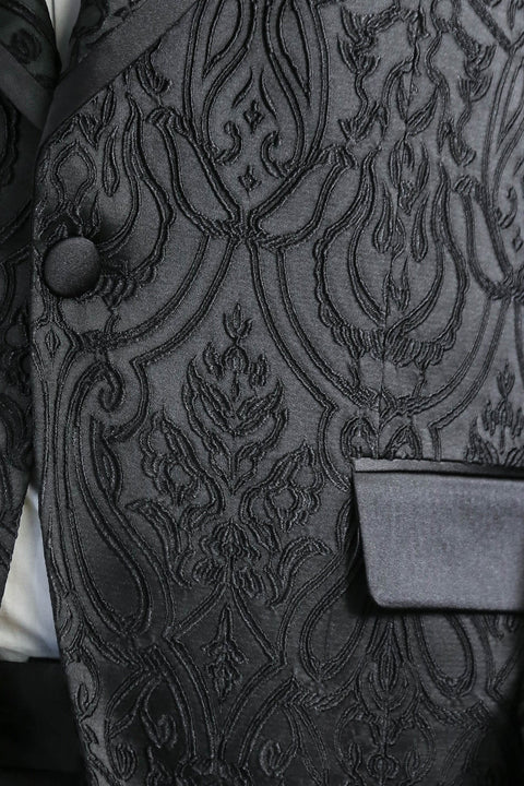 Damask Patterned Shawl Collar Black Tuxedo - Wessi