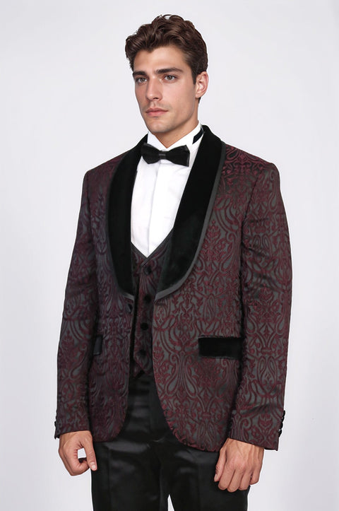 Baroque Patterned Velvet Shawl Collar Vested Burgundy Tuxedo - Wessi