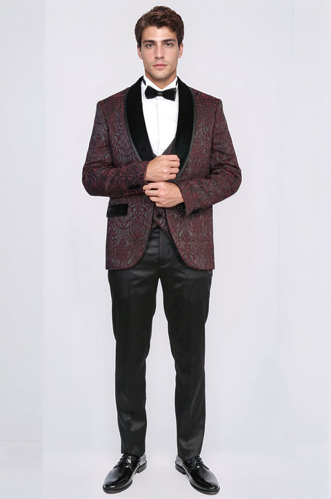 Baroque Patterned Velvet Shawl Collar Vested Burgundy Tuxedo - Wessi