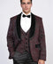 Baroque Patterned Velvet Shawl Collar Vested Burgundy Tuxedo - Wessi