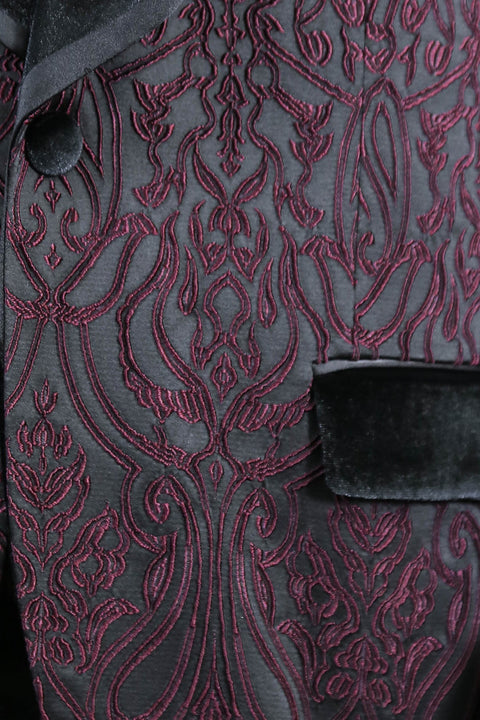 Baroque Patterned Velvet Shawl Collar Vested Burgundy Tuxedo - Wessi