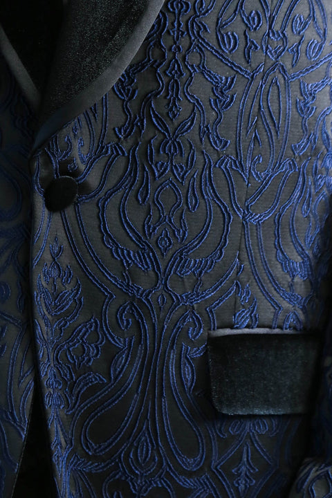 Baroque Patterned Velvet Shawl Collar Vested Navy Blue Tuxedo - Wessi