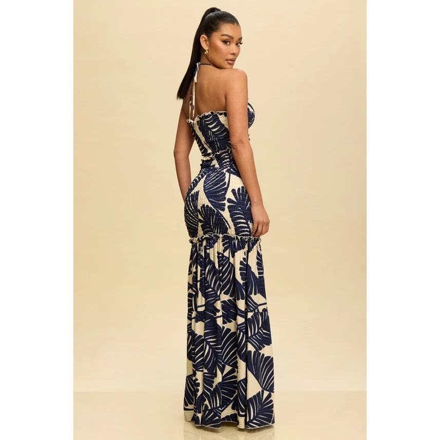 Tropical Leaves Katia Scrunch Maxi Dress NAVY