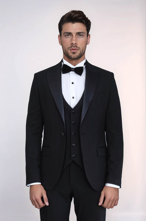 Classic Black Tuxedo Suit with Satin Peak Lapel and Waistcoat – Wessi
