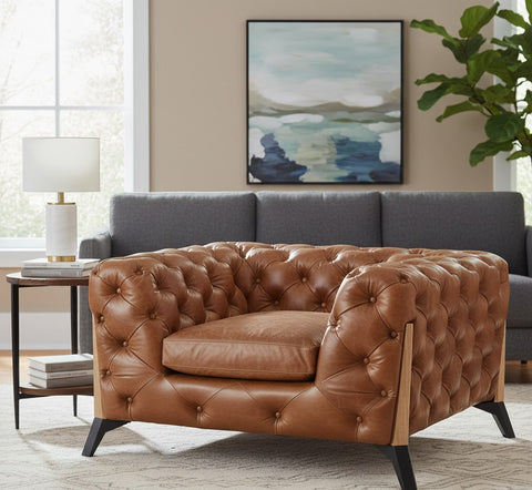 Olivia Contemporary Tufted Chesterfield Arm Chair - Light Brown Leather