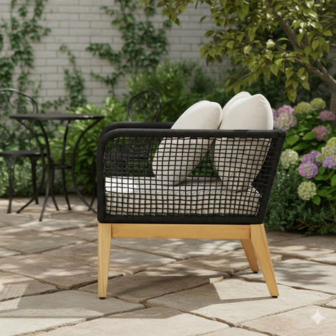 Cypress Teak Wood Outdoor Arm Chair with Black Rope Design