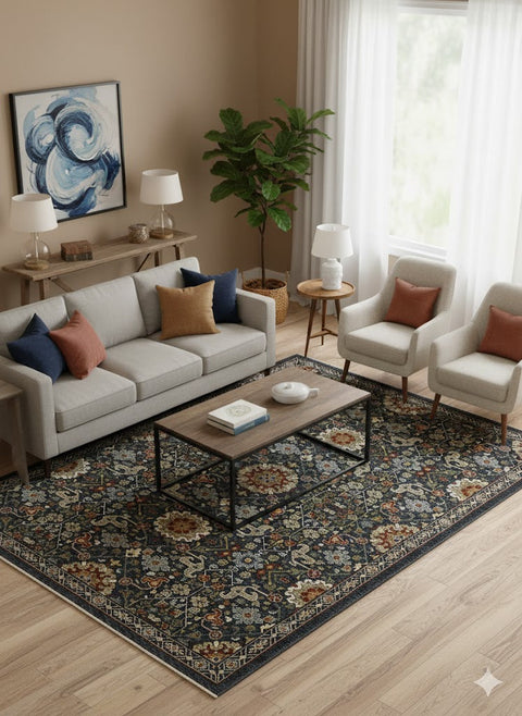 Medalia Area Rug - Navy Blue / Burnt Red / Orange 7 Sizes