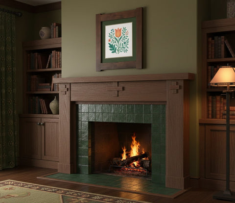 Arts & Crafts Mission Oak Framed Art with Floral Tree Walnut finish