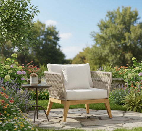 Cypress Teak Wood Outdoor Arm Chair with Biege Rope Design