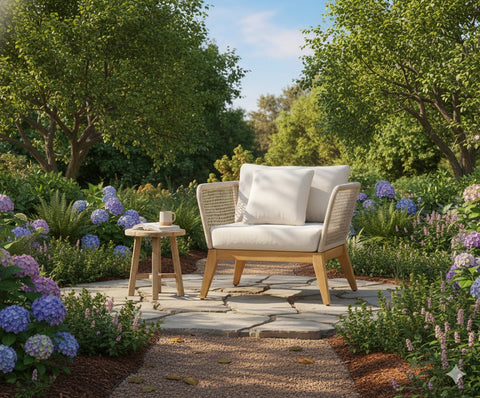 Cypress Teak Wood Outdoor Arm Chair with Biege Rope Design