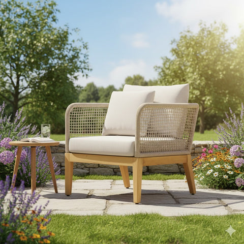 Cypress Teak Wood Outdoor Arm Chair with Biege Rope Design