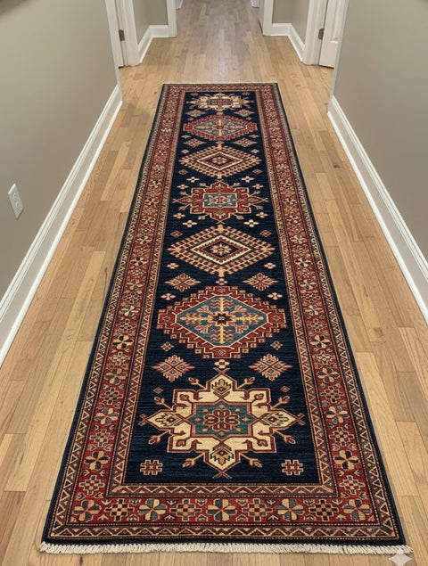 Hand-Knotted Vegetable Dye Kazak Rug from Pakistan, size 2' 8" x 9' 10"
