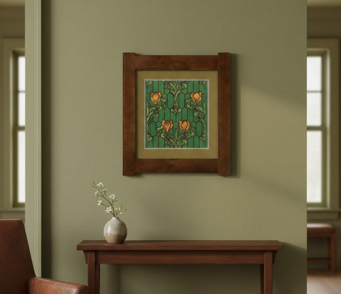 Arts & Crafts Mission Oak Framed Art with Stained Glass Blooms - Walnut finish