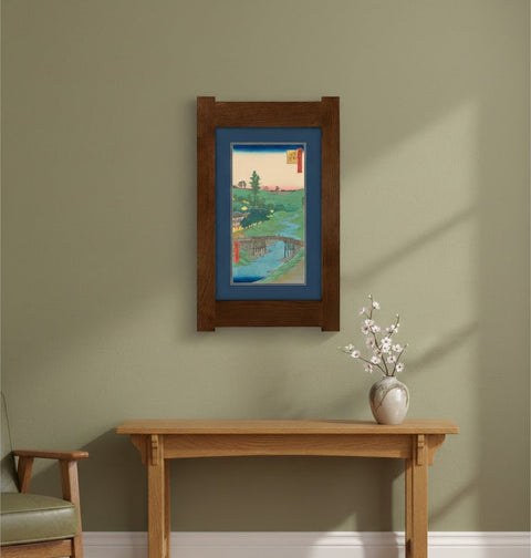 Arts & Crafts Mission Oak Framed Art with Serene River Landscape Walnut finish