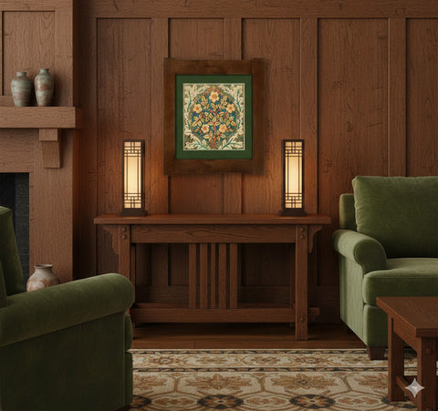 Arts & Crafts Mission Oak Framed Art with Floral Tree