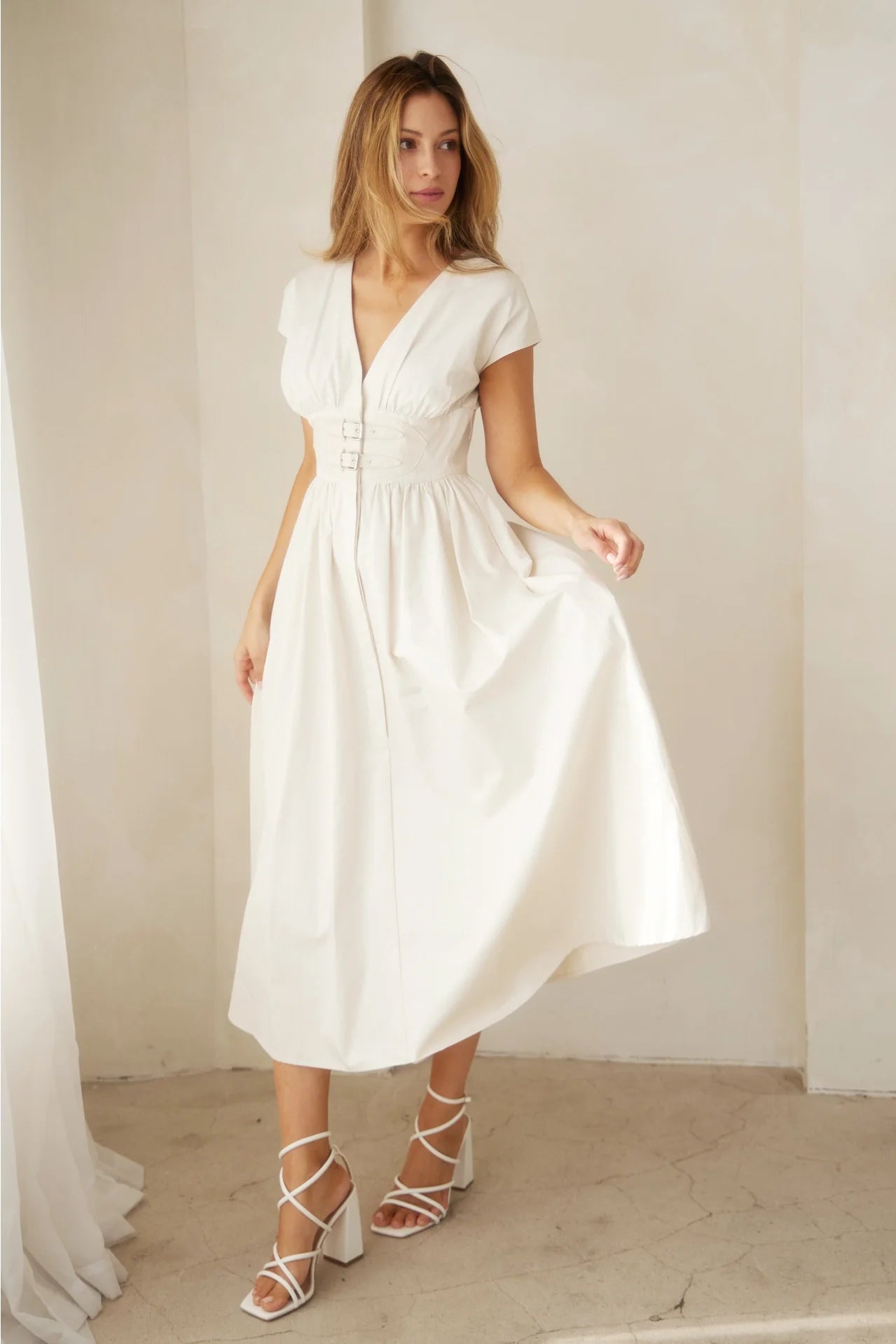 V-Neck Midi Dress with Leather Corset Belt
