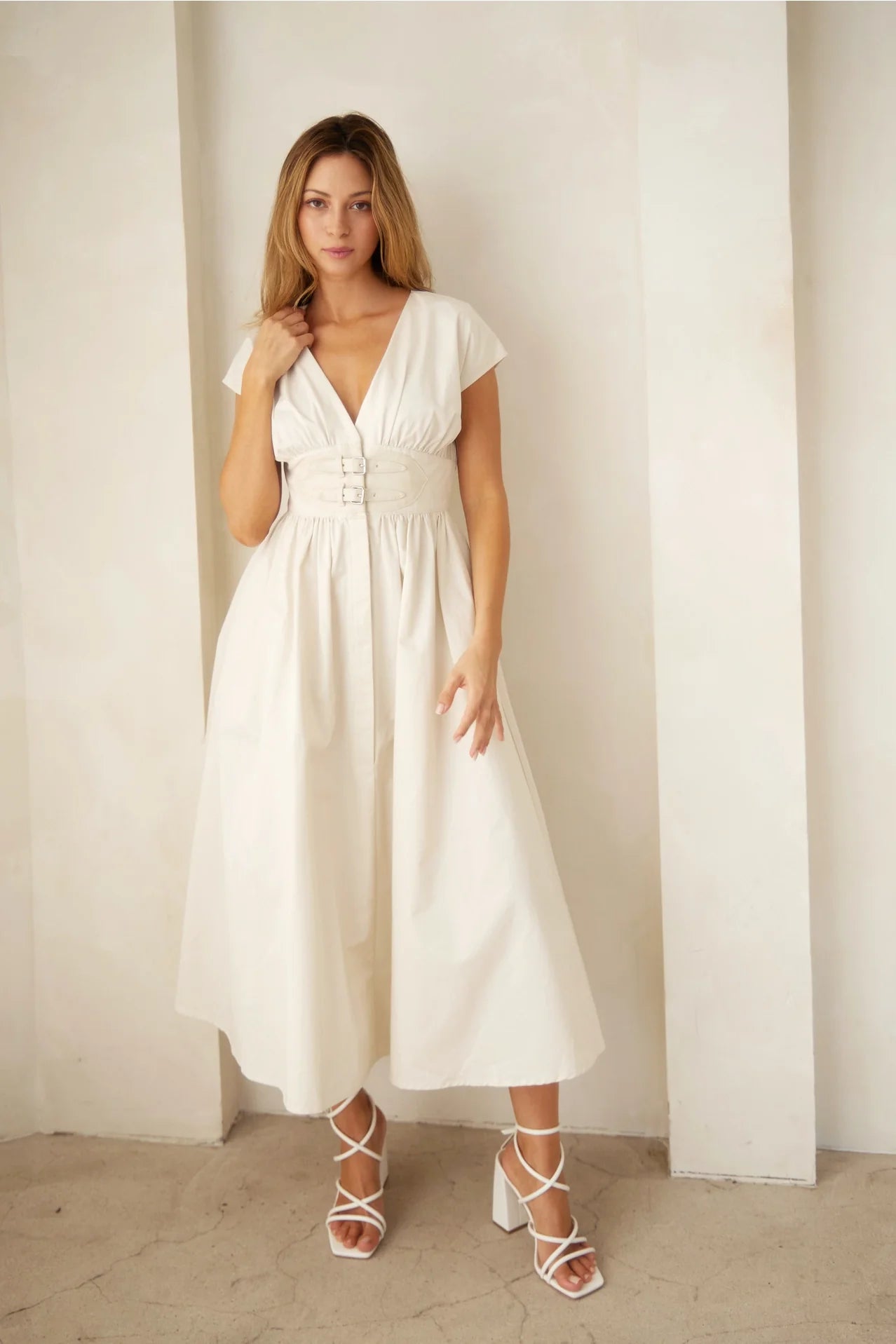 V-Neck Midi Dress with Leather Corset Belt