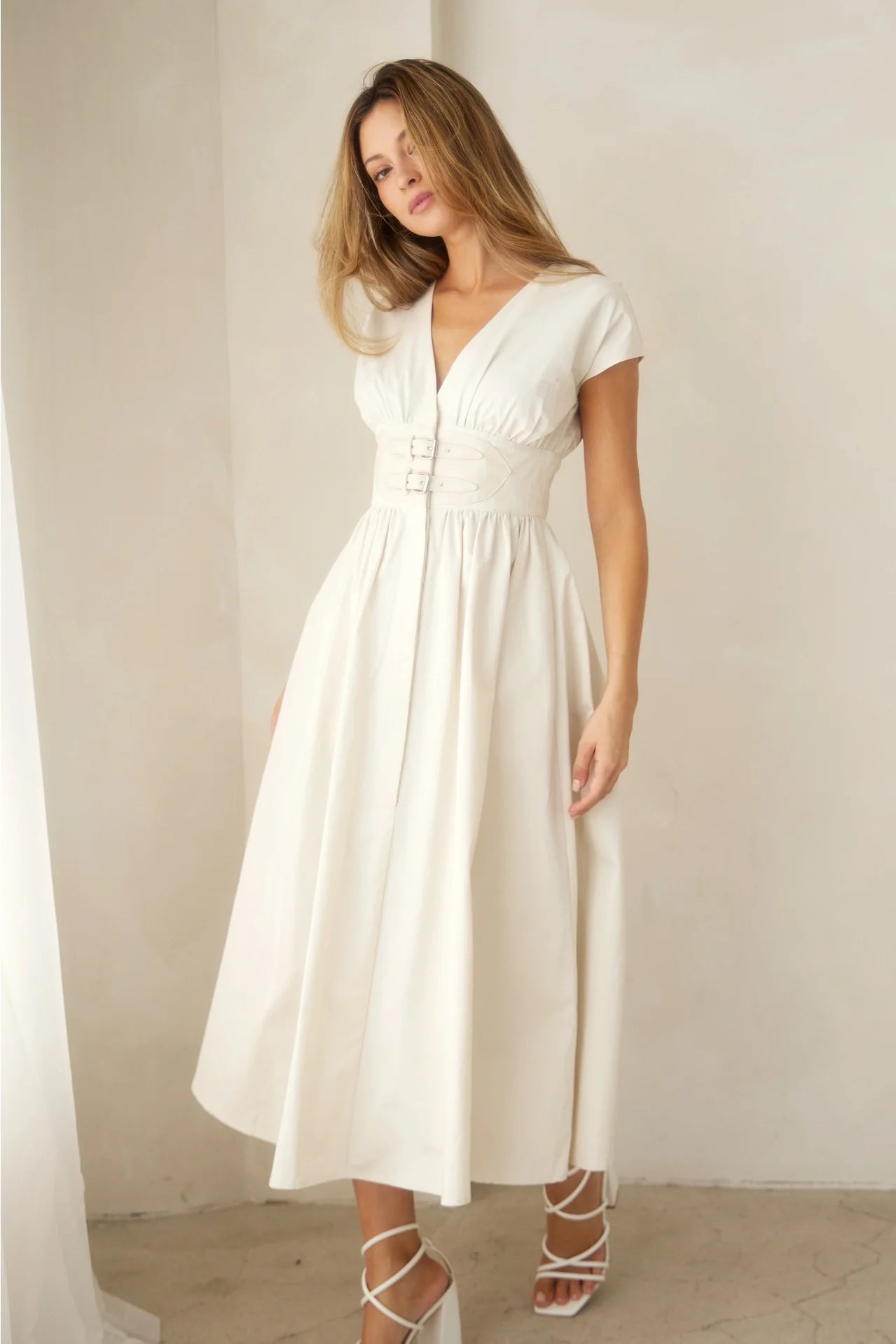 V-Neck Midi Dress with Leather Corset Belt