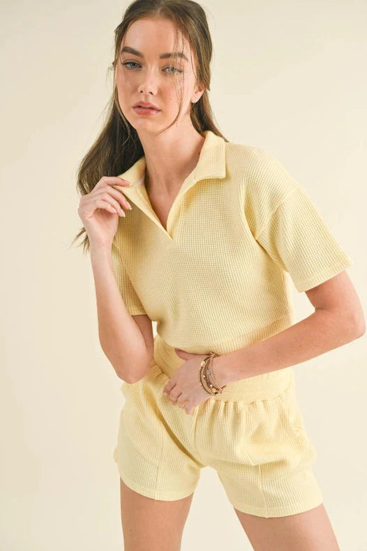 Waffle Knit Polo And Short Set - Yellow