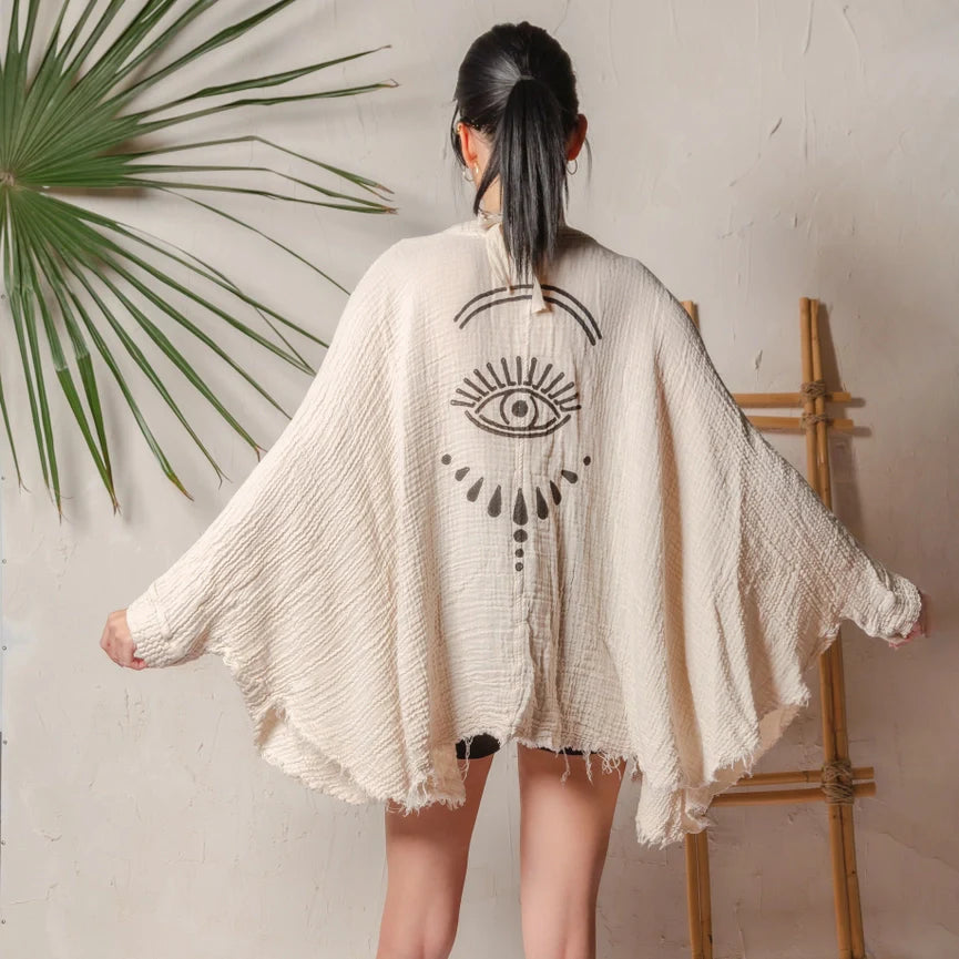 White Evil Eye Double Gauze Cotton Poncho Cream