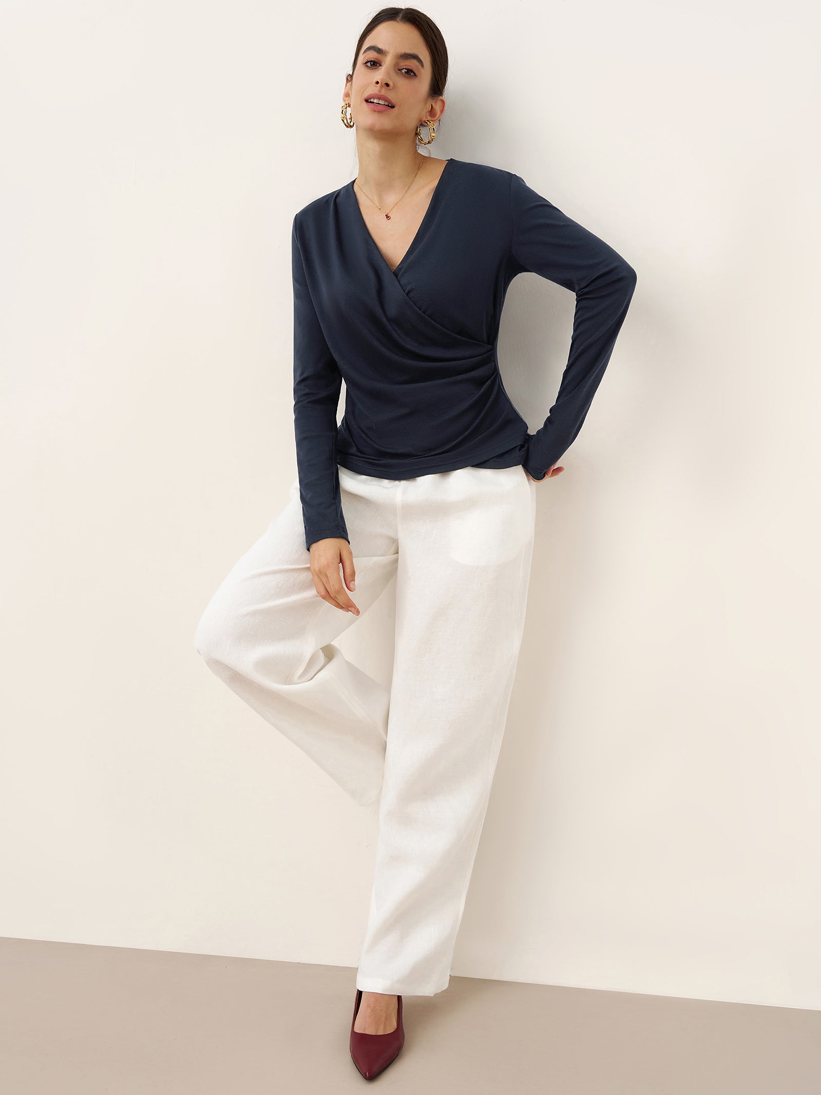 Wool Lyocell Asymmetric Ruched Overlap V-Neck Top TILLY