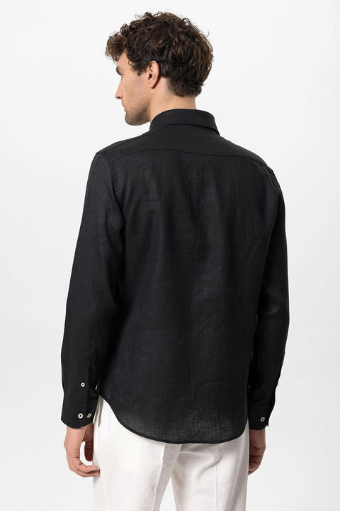 Men's Black Collar Button Detail 100% Linen  Shirt - Wessi
