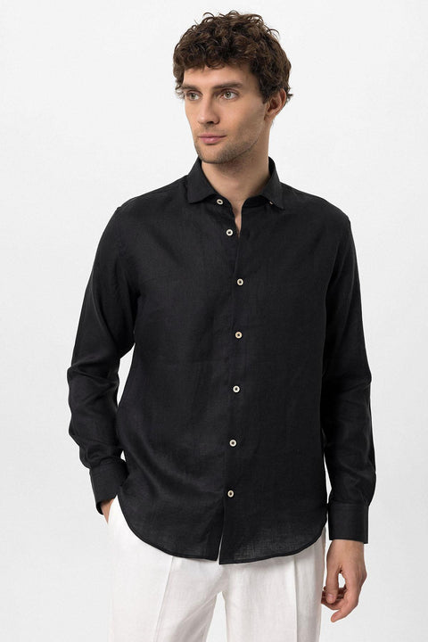 Men's Black Collar Button Detail 100% Linen  Shirt - Wessi